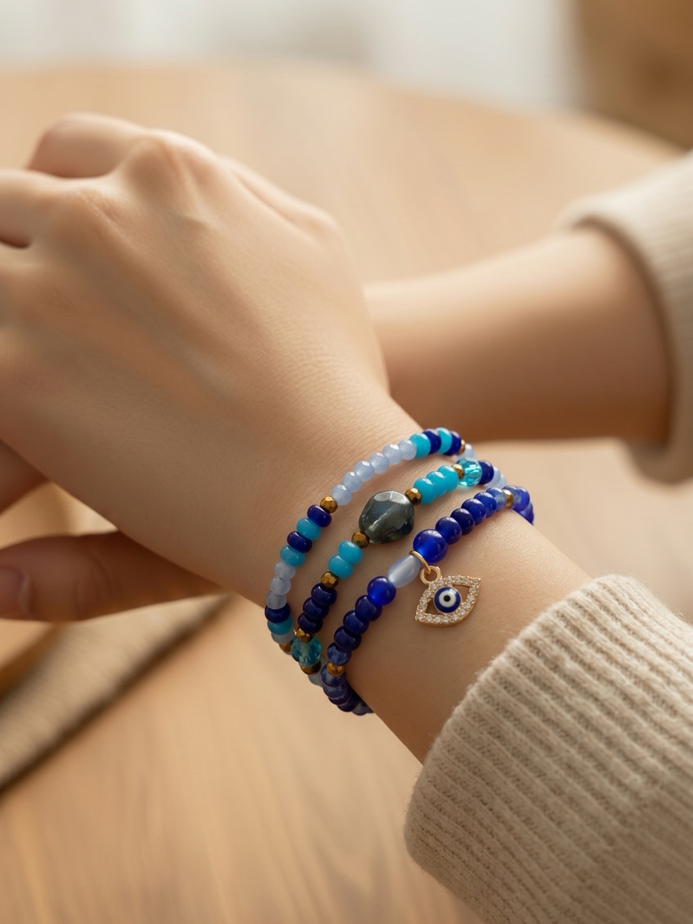 Blue Beaded Evil Eye Bracelet Set